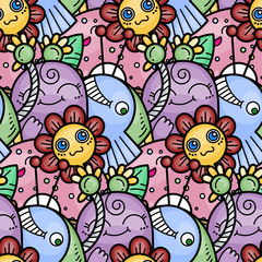 Kawaii seamless pattern of friendly doodle monsters,cute and fun variety of colors animals