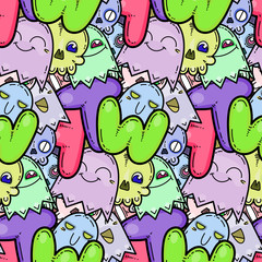 WTF. Kawaii seamless pattern of friendly doodle monsters,cute and fun variety of colors animals