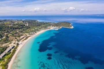 Fototapeta premium Aerial drone view of Paliouri Beach in Kassandra Sithonia penisula Chalkidiki Greece 