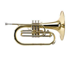Obraz na płótnie Canvas Golden French horn , Horn, Brass Music Instrument Isolated on White background