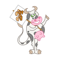 Happy cartoon smiling cow with poster sign on a stick and like