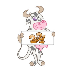 Happy cartoon smiling cow with ribbon poster