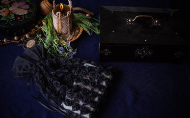 Magic attributes for rituals and fate prediction, details on a table of witch, occultism concept