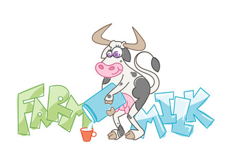 Fototapeta na wymiar Happy cartoon smiling cow with milk can and mug.