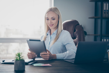 Photo of beautiful business lady notebook table read corporate report e-reader tablet insurance agent recruiter search vacancy wear shirt sitting chair modern interior office indoors
