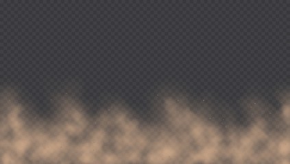 Dust cloud, road dirt, brown sandstorm explosion in desert concept. Dirty sandy cloud isolated on a transparent background. Vector illustration.
