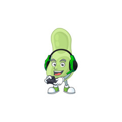 A cartoon design of staphylococcus pneumoniae talented gamer play with headphone and controller