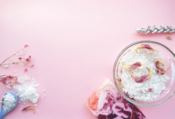 Natural bath salt, handmade soap. Organic products. Spa cosmetics.