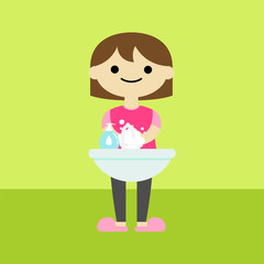 girl character washing hands cartoon illustration