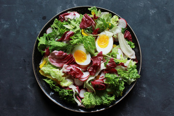 Mix healthy salad romaine,chard,radicchio with radish and eggs.