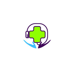 Vector illustration of green cross with headphone and supporting hands isolated on white background perfect for hospital customer service logo 