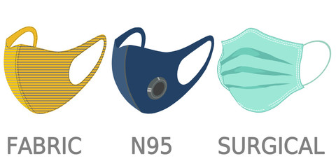 A set of protective mask isolated on white background. They&rsquo;re fabric, N95 and surgical mask.