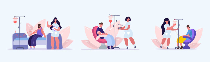 People donate blood. Donation blood transfusion donors volunteers who have had coronovirus healing plasma combating Covid 19, volunteer assistance healthcare, maintaining health. Vector flat style.