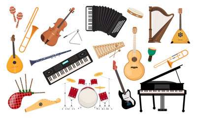 Musical instruments set. Folk classical musical equipment violin, bagpipe harp synthesizer piano saxophone classical and electro guitar accordion balalaika xylophone drum kit. Cartoon color vector.