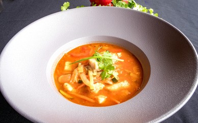 beef goulash soup goat cheese soup with herbs and vegetables