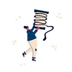 Seamstress put big spool of thread. Self-development and girl power concept vector illustration. Flat lady overcomes difficult on the road to success. For  motivation or sewing banners and stickers.