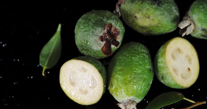 Whole and a half feijoa leaves slowly rotate.