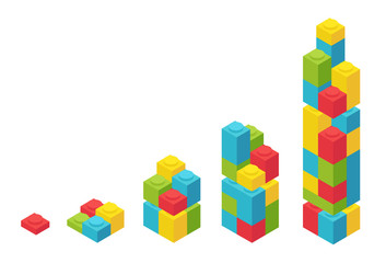 Fototapeta na wymiar Colour plastic bricks. Size construction process stages. Building blocks for children construction kits. Development stage. Animation progression. Vector isometric infographic.