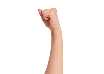 Female hand with fingers folded into fist, isolated on white background. Beautiful hand of woman with copy space.