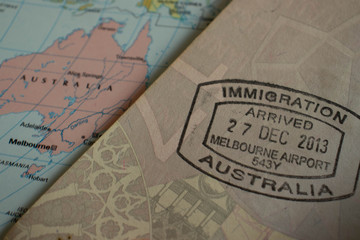 Melbourne, Australia - 12 27 2013: The passport stamp of an Australian visa released while entering Australia through the immigration control of Melbourne international airport