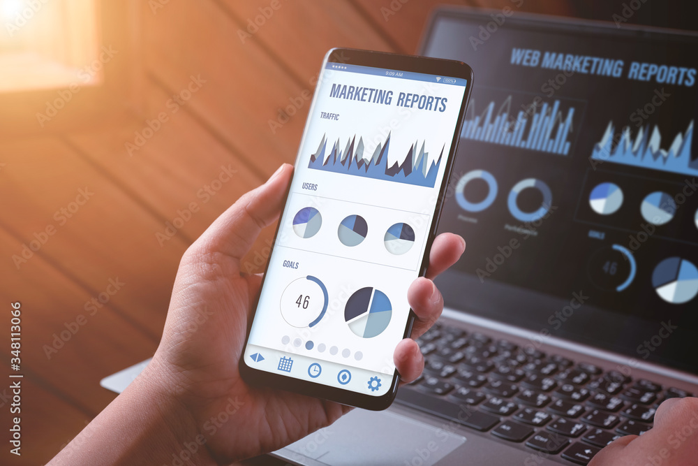 Poster web marketing management and reports background concept. close-up rear view of a person holding and 
