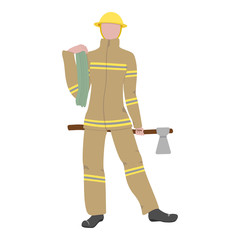 Firefighter woman dressed in a protective uniform and helmet. Rescue worker holds fire hose and ax. Vector flat illustration isolated on white background. Essential worker - fire safety professional.