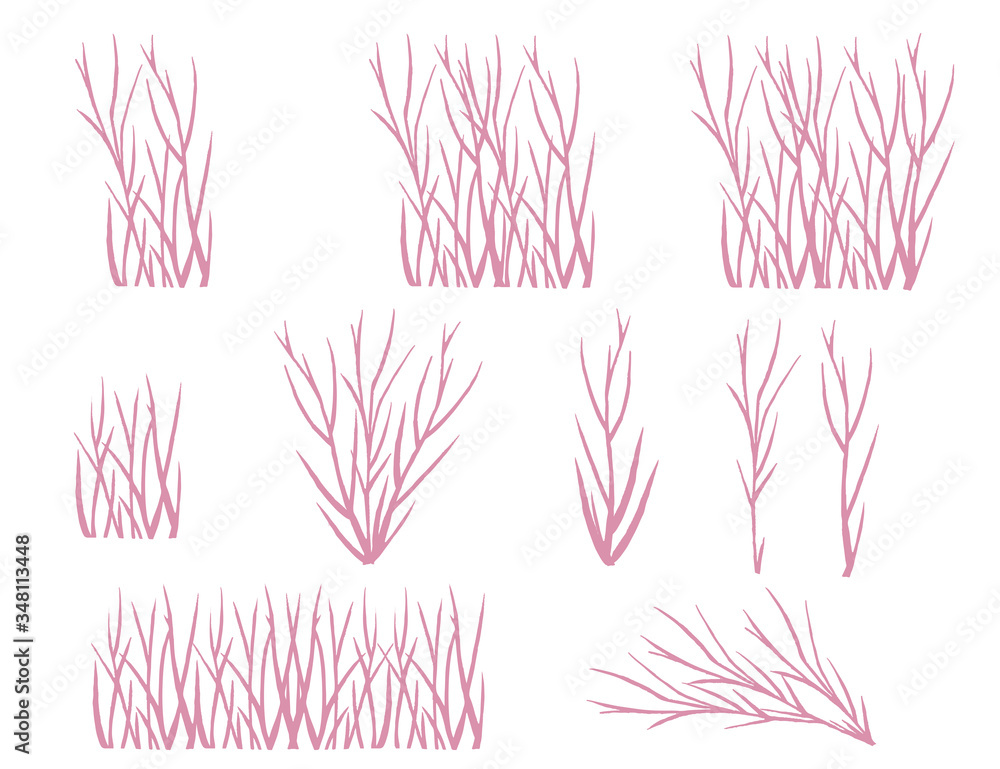 Wall mural Set of pink coral seaweeds silhouettes flat vector illustration isolated on white background