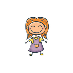 Cartoon cute funny little girl with pink dress isolated on white background. Cartoon happy smiling girl children with funny hair. 1 june Childrens day background