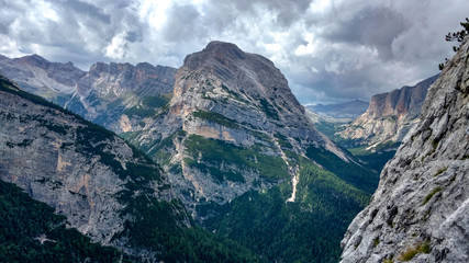 Amazing valley panorama in the Dolomite mountains in Italy