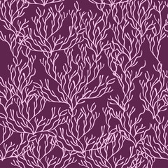 Seamless pattern of pink coral seaweeds silhouettes flat vector illustration on purple background