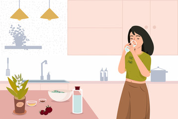 Healthy lifestyle, healthcare, diet concept. Young woman drinking thirst quenching. Thirsty girl holding glass with refreshment drink, teenager drinks water after training. Flat vector illustration.