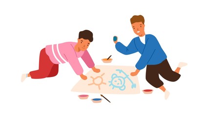 Happy funny male kid playing together painting picture on paper vector flat illustration. Smiling children drawing use colorful paint isolated on white background. Joyful boys create pictures