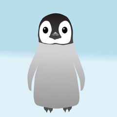 A digital vector drawing of a chick of the emperor penguin. The chick stands alone in a flat landscape and looks straight at you. The landscape is an icy blue gradient. Cute picture.