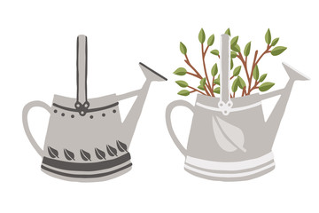 Two metal watering garden can branch with leaves in watering can creative design flat vector illustration isolated on white background
