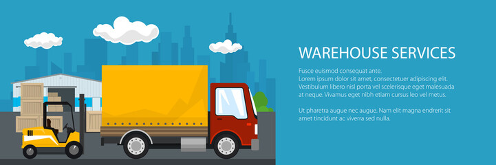 Banner of warehouse and transport services ,warehouse with forklift truck and red lorry on the background of the city , unloading or loading of goods and text, vector illustration