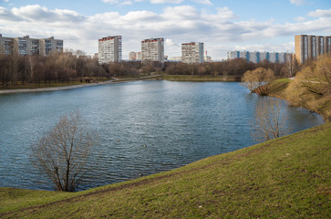 Large (Bolshoi) Ochakovо Pond overlooking Ozernaya Street in early spring, Western Administrative District, Moscow, Russia