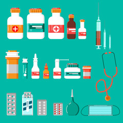 Medicine bottles with labels, bottles for medicines, tablets, capsules, prescriptions, vitamins, medical face masks, etc.