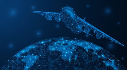 Travel and tourism by plane. A low-poly model of an aircraft and continents on the planet earth. Blue background.