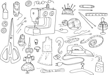 Sewing set. Vector illustration. Items for sewing, embroidery. Doodle, sketch, hand-drawn. Print, textile, logo, postcard. Vintage, retro style, antistress coloring book for children, separately 