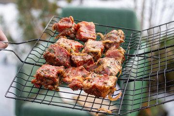 Raw marinaded juicy pork meat in grill grates. Fresh food prepared for barbeque. Summer cooking outdoors