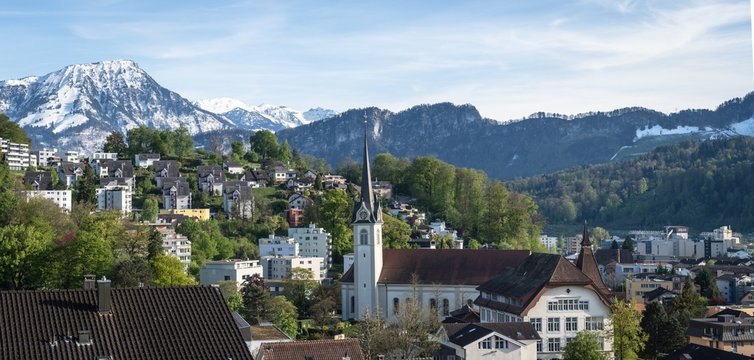 panoramic view on curch in horw pfarrkirche st katharina and mountain Stanserhorn
