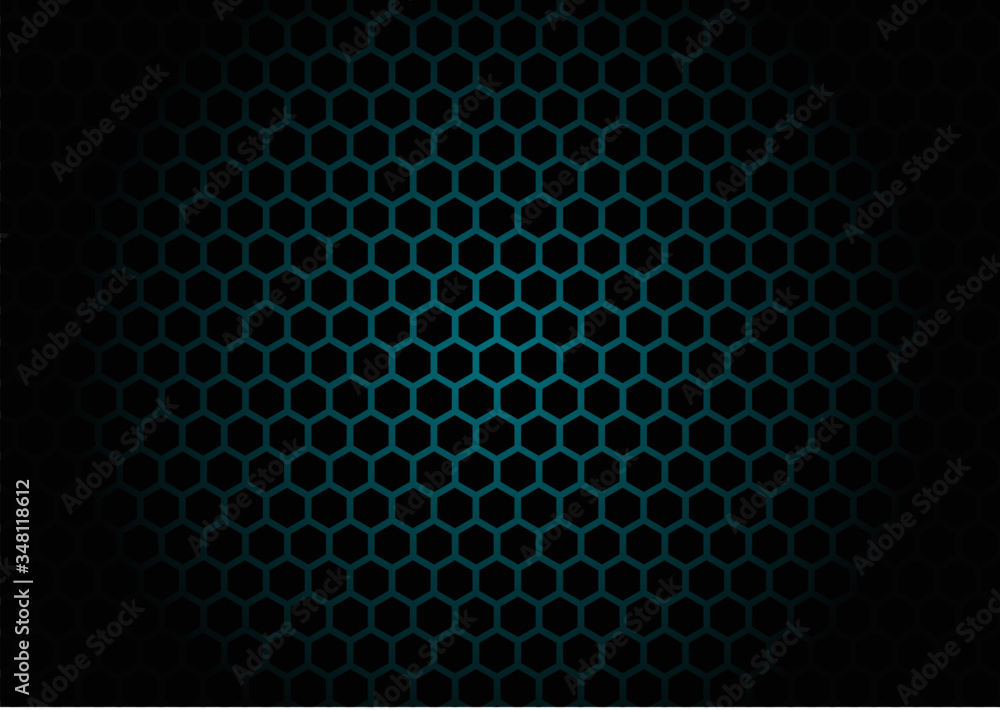 Poster abstract black hexagon mesh pattern on blue glowing background and texture