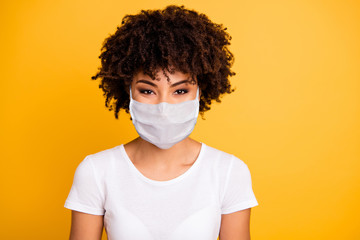Close up photo beautiful amazing she her dark skin lady optimistic save covid-19 infection wear...