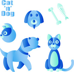 Blue dog and cat set. Cute pets in cool round shapes