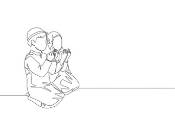 One continuous line drawing of muslim and muslimah pray solmen to God. Islamic holy day Ramadan Kareem and Eid Mubarak greeting card concept single line draw design vector illustration