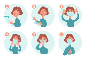A woman shows how to wear a facial single-use medical mask. Cartoon hand-drawn instructions. Set of illustrations isolated on a white background.