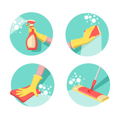Cleaning and disinfection - mopping, sponging, dusting and spraying. Set of cartoon vector illustrations.