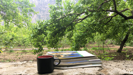 a stack of fresh morning Newspapers and a Cup of coffee against a background of greenery. Latest...
