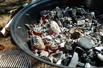charcoal smoke preparing kebab  barbecue summer weekend