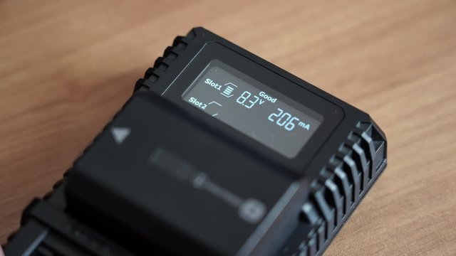 Batteries in the charger. Charge indicator.